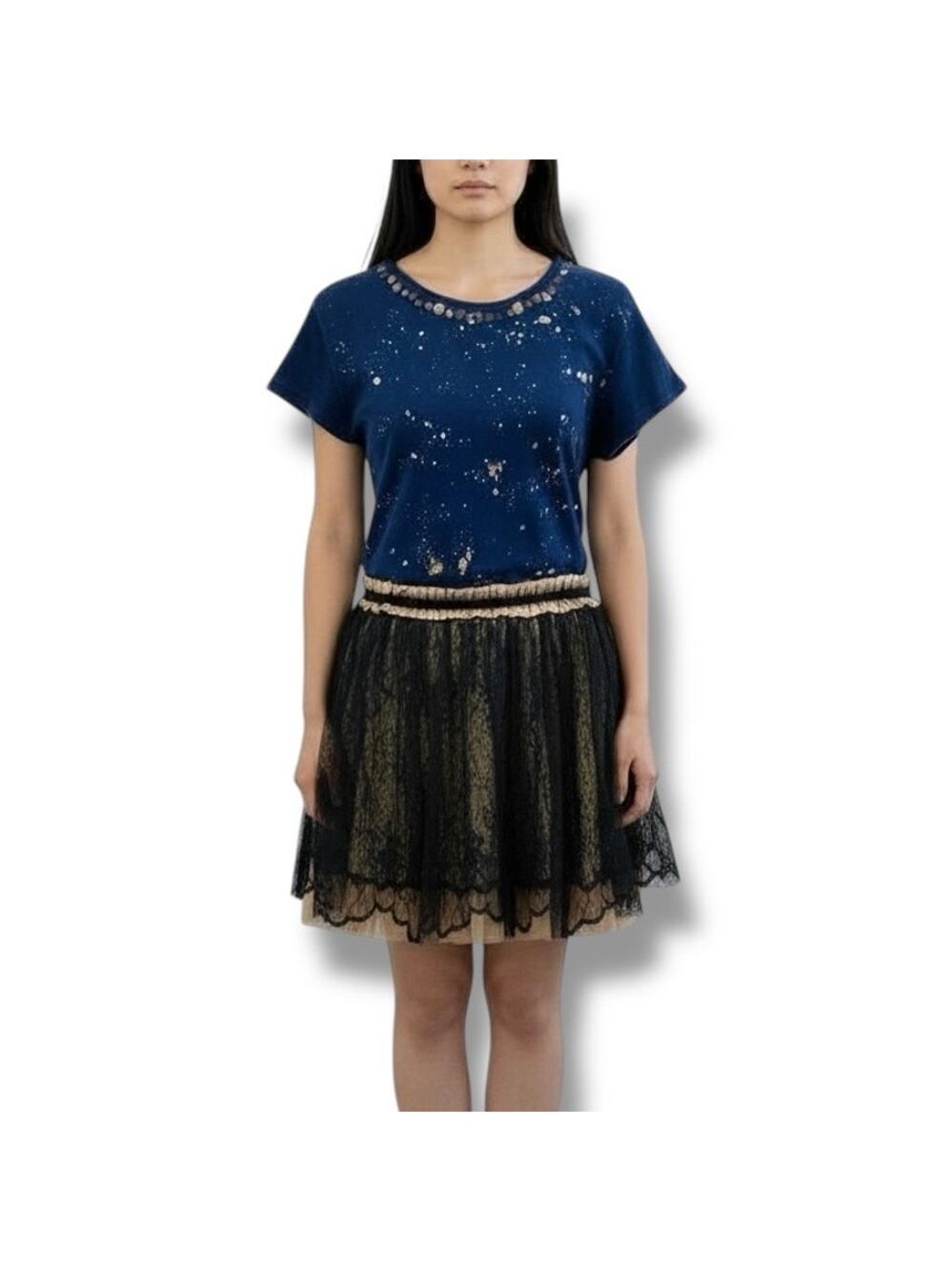 Derhy Size S Blue Wool Beaded Metallic Accents Organza Skirt Dress Artsy Fairy